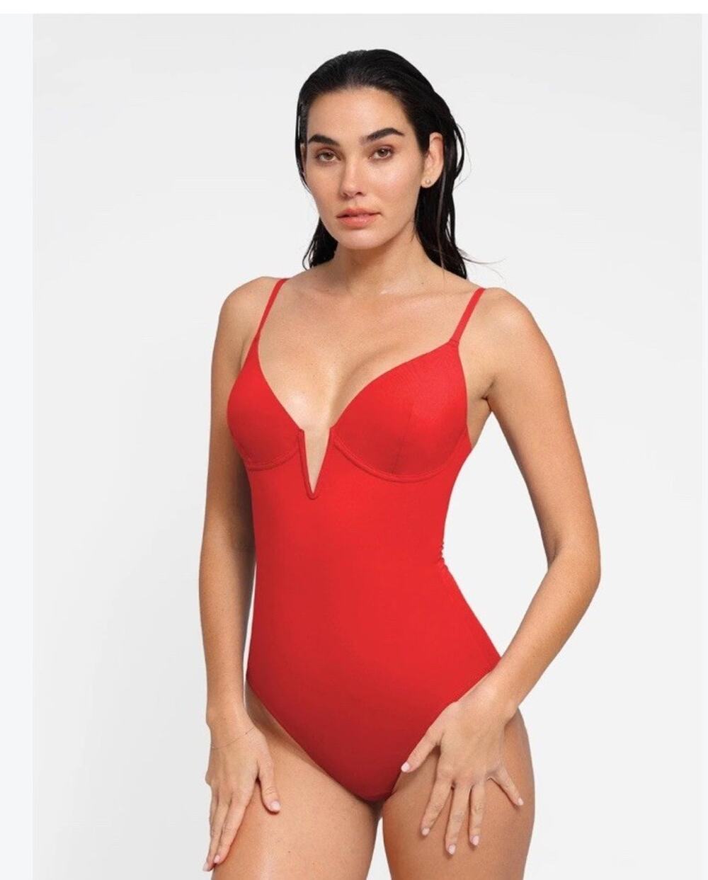 popilush $69 red Plunging V Shapewear Low Back One-Piece Swimsuit bodysuit sz L
